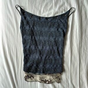 Vintage 90's Blue Backless Tie-up Lace Trim Top